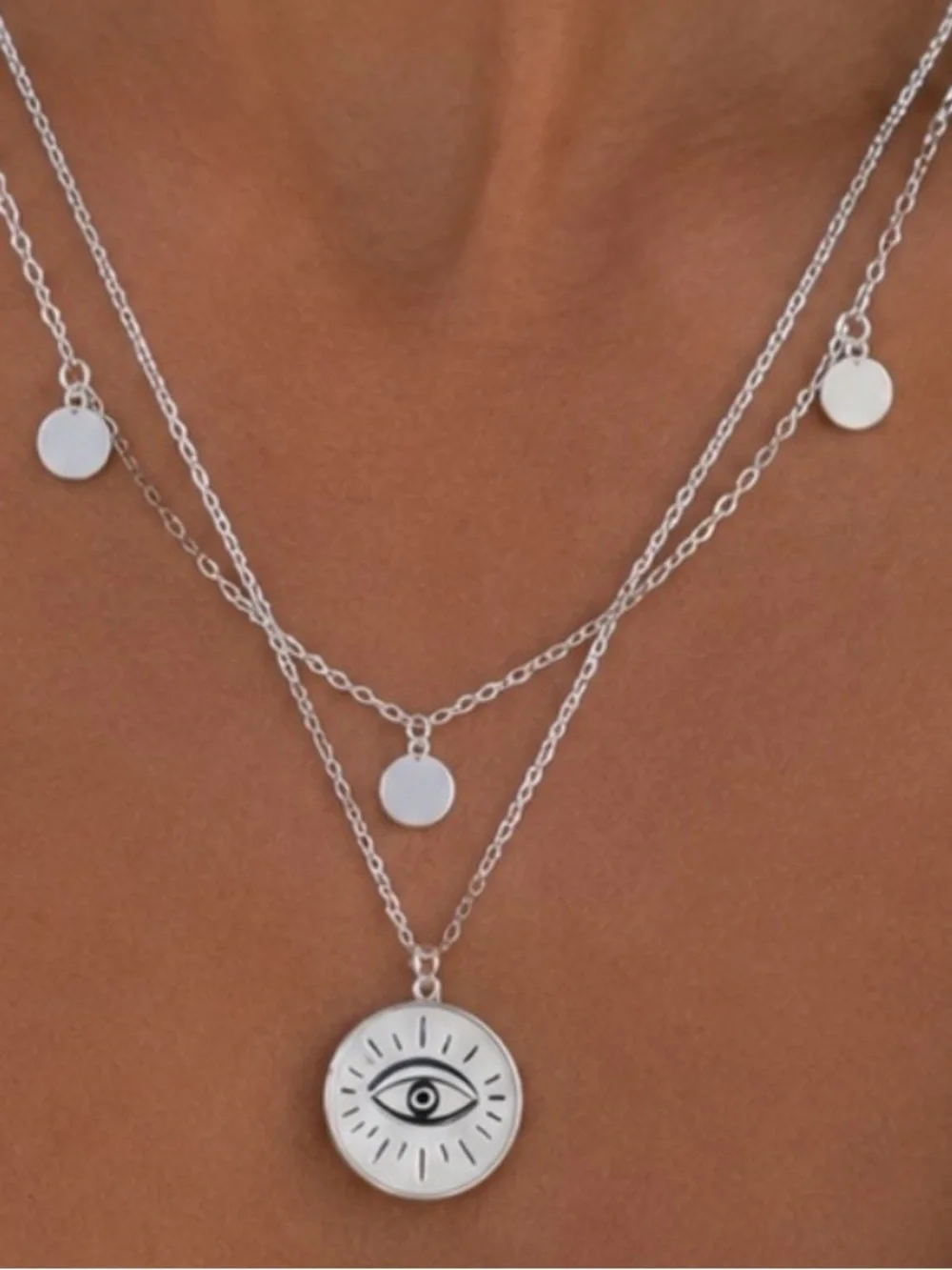 Silver Evil Eye Layered Necklace Disc Charm Waterproof Stainless Steel
